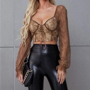 Lace Up Front Flounce Sleeve Lace Crop Top